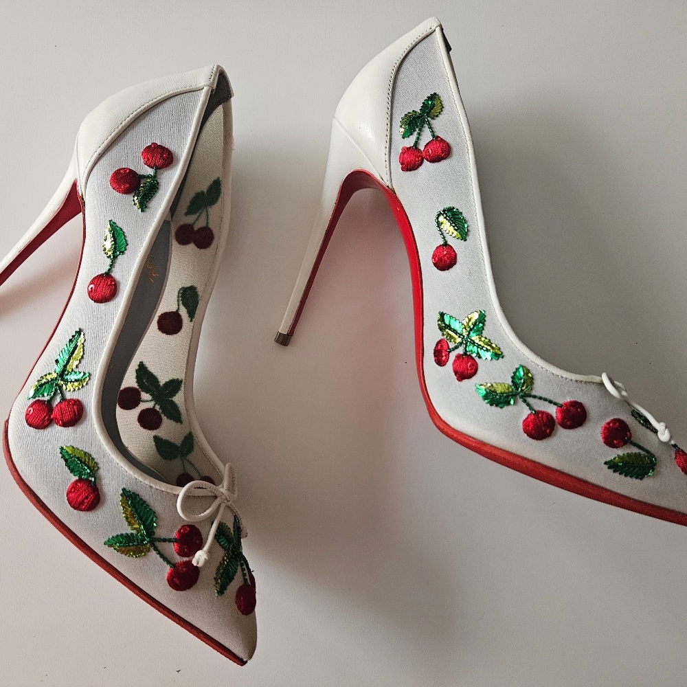 Embroidered Ivory White Cherry Sequin Louboutins Size 36